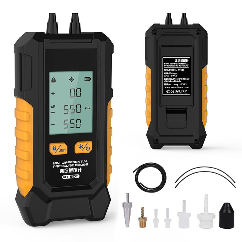 LUTIFIX مقياس ضغط مزدوج المنافذ لاختبار ضغط الغاز HVAC مع 7 محولات، 6 وحدات تحويل، وظيفة تثبيت البيانات وشاشة عرض مضاءة، -100 إلى 200 كيلوباسكال، تصميم محمول، PT503 - Image 1